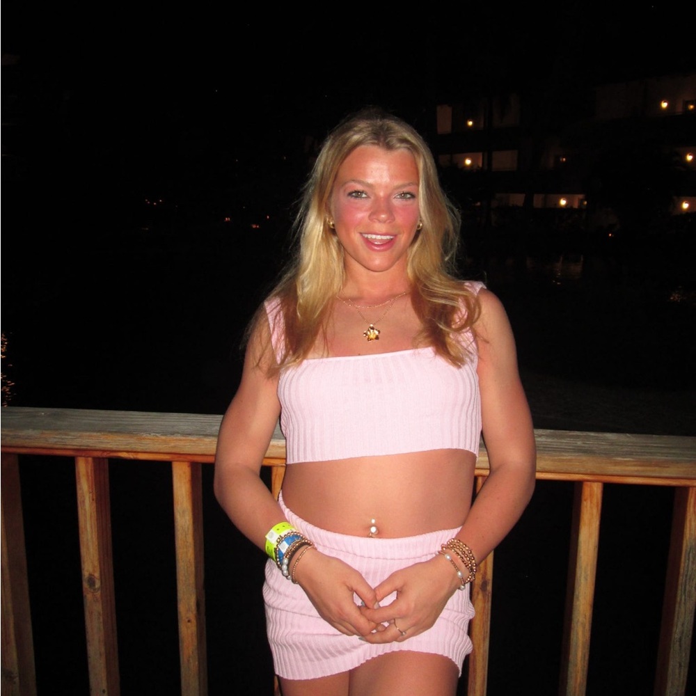 Pink Ribbed Crop Top and Skirt Set